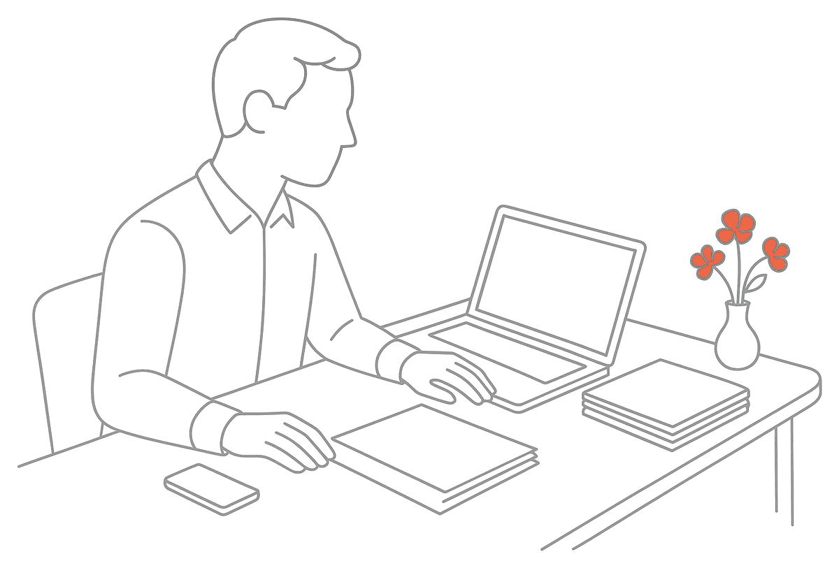 Line drawing of a man working at an open laptop with stacks of paperwork and a phone beside him, and a vase of orange flowers on the table