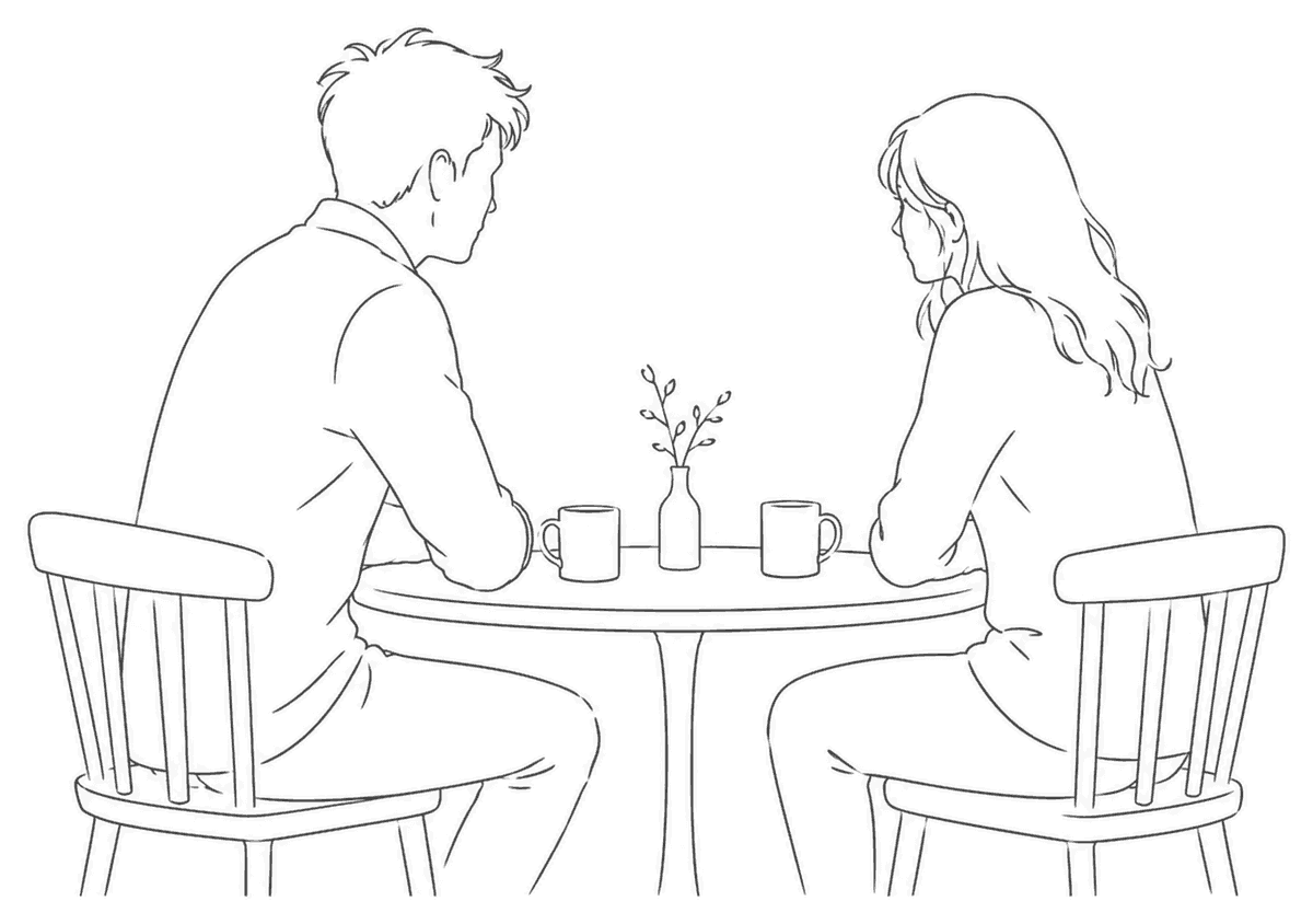 Line drawing of a couple sitting quietly either side of a small table