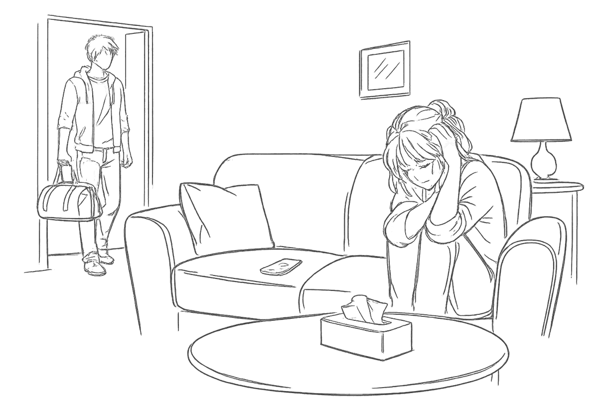 Line drawing of a woman sitting upset on a sofa while a man leaves through the front door carrying a bag