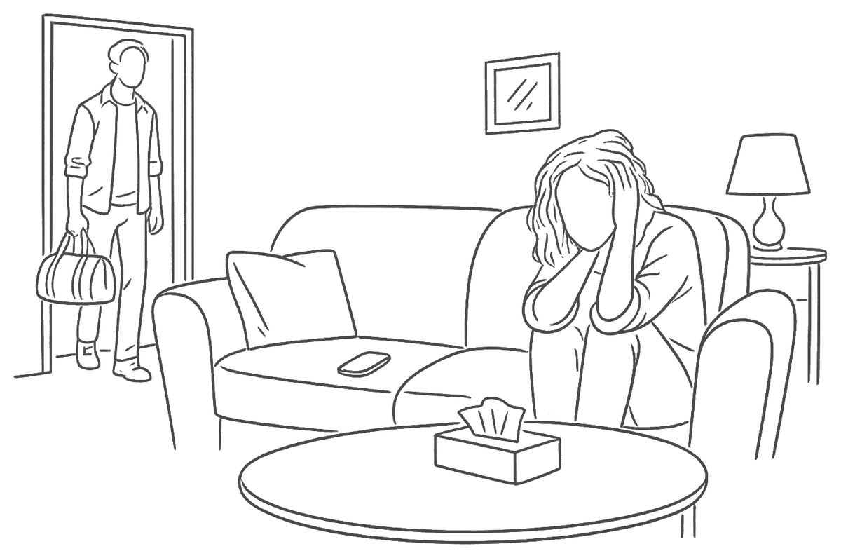 Line drawing of a woman sitting upset on a sofa while a man leaves through the front door carrying a bag