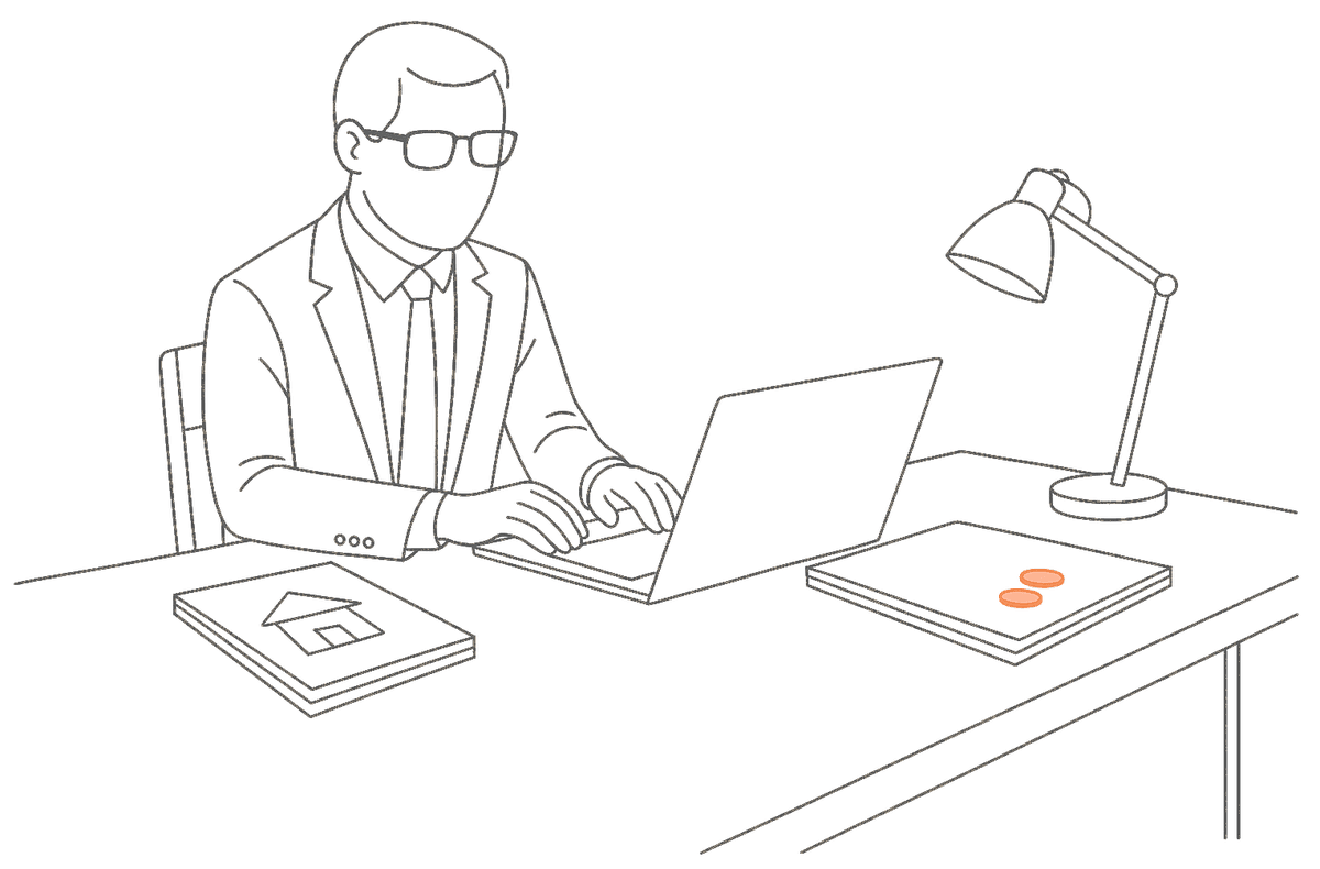 Line drawing of a solicitor working at a laptop with two equal stacks of documents beside him