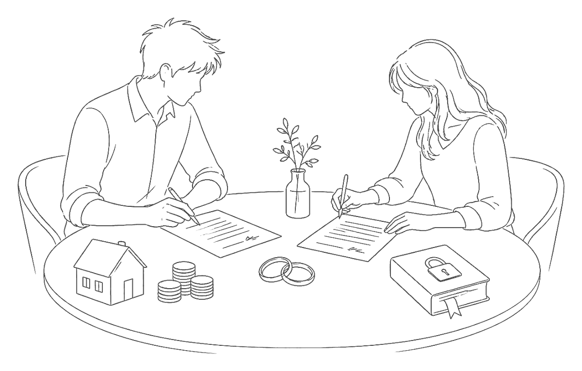 Line drawing of a couple signing agreement documents at a table, wedding rings between them